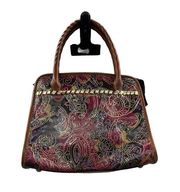Patricia Nash Metallic Tooled Lace Poppy Multicolor Print To Zip Shoulder Bag