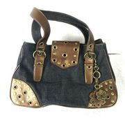 Franco Sarto Denim Wild Flower Metallic Grommet Studded Floral Purse Bag NWT