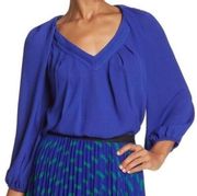Diane Von Furstenberg Cahil Cobalt Blue Long Sleeve V-Neck Silk Blouse Size 2
