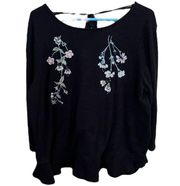 LC Lauren Conrad Women Floral Embroidered Peplum Sweater 3/4 Sleeves Black Large