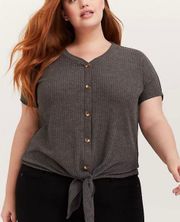 Grey Waffle Button-Front Tie Front Short Sleeve Top