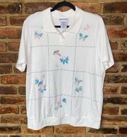 Blair White Embroidered Butterfly Short Sleeve Polo Shirt Women's Size Large