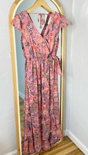 Band of Gypsies pink floral chiffon faux wrap maxi dress