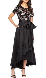 R&M Richards Black Lace Sequin Satin Belted High Low Gown 8 EUC