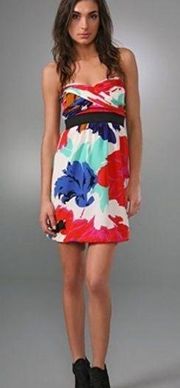 Tibi Dahlia floral strapless silk mini dress