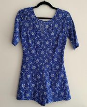 Royal Blue Floral Lace Romper, Formal Lace Onesie, Size Medium