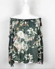 Green Floral Off Shoulder Bell Sleeve Top