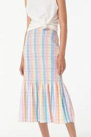 J. Crew Smocked Midi Skirt in Gingham Rainbow Multicolor AW495 Women's Size 2