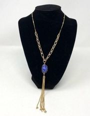 Faux Gold Blue Stone Tassel Chunky Chain Preppy Long Necklace