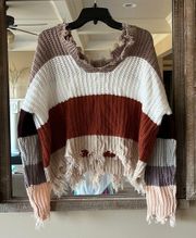 Shabby Chic Pullover Striped Ragged Edge Sweater Acrylic Boho Womens S M Boutique B Original 