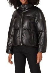 MILLY Black Faux Leather Puffer Coat Size Small $495