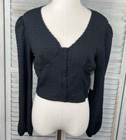 KIRIOUS (Los Angeles) Black Cropped Blouse Button Front Stretchy-Large