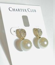NEW Charter Club Pearl Drop EARRINGS 1" Pave Crystal & Faux Pearl Post Back Gold