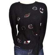 H&M  Embellished Sequin Flip Color Spooky Eyes Fuzzy Sweater Black XS