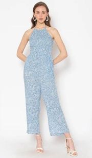 Patrons Of Peace Women’s Blue White Floral Boho Smocked Halter Jumpsuit Size L