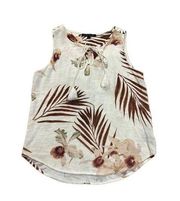 Larry Levine cream brown floral Linen Blend sleeveless blouse sz small