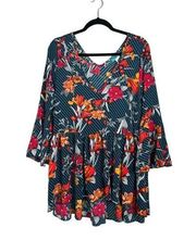 Turquoise Haven Flowy Floral Tunic Top V-Neck Flare Bell Sleeve High Low Small