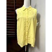 Caslon Womens Button Up Shirt Gold Sleeveless Collar Eyelet Cutout Retro S New