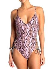 RACHEL ROY Swimsuit One Piece Snakeskin Pink Python Side Lace Up Swim NWT Small