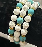 NEW Set of 3 White Lava Beads & Blue Turquoise  Handmade Beaded Bracelets