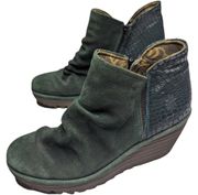 Fly London Yamy Green Suede Snakeskin Textured Leather Wedge Ankle Boots 41 10