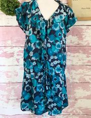 Blue Printed Button Up Mini Dress in a size 2