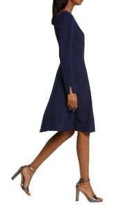 Tahari ASL Stretch Crepe Fit and Flare Long Sleeve Dress Navy Size 12 NWT