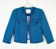 Rebecca Taylor Teal Silk Blend Tweed Chain Accent Blazer Jacket