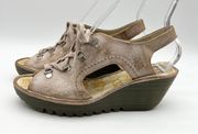 Ylfa Lace-up Wedge Sandals Peep Toe Leather Beige Gold Size 40