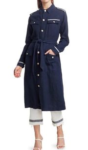 L'agence Kingsley Long Linen Coat Belted Military Jacket Navy Tape Trim Size S