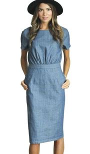 CLAD & CLOTH Chambray Button Down the Back Dress, Denim, SMALL