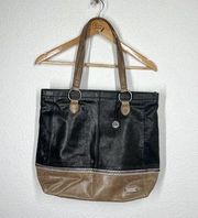 The Sak Leather Tote Bag Purse Metallic Embroidered Detail Black Brown