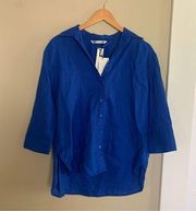 ZARA  Linen Button Up Top NWT Size XS Blue Collared Lightweight