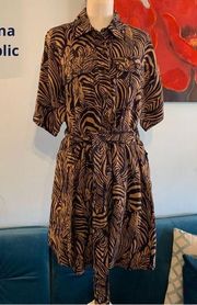 Banana Republic LINEN UTILITY DRESS size M Petite MP Blue Beige Zebra Print EUC