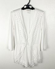 LA BLANCA Costa Brava White Crochet Trim Deep V-Neck Romper, Size Small