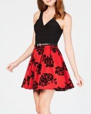 New  Floral Velvet Belted Fit & Flare Mini Party Dress Red Black Juniors Size 11