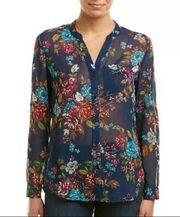 Kut from the Kloth Sinclaire Navy Blue Floral Sheer Button Front Blouse Size XS