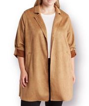 T Tahari Woman Faux Suede Open Front  Topper Jacket Knotch Collar Camel 1X