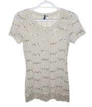 BKE lace and sequins trimmed Crewneck t-shirt in silver birch size S