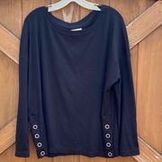 Chaser Black Ribbed Long Sleeve Top w/Silver Side Buttons. Large. NWT Soft