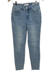 Judy Blue Womens Embroidered Starry Eye High Rise Raw Hem Skinny Crop Jeans Blue
