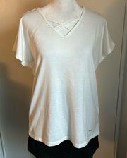 Nine West Women’s White Criss Cross Lightweight Sweatshirt Cap Sleeve Tee