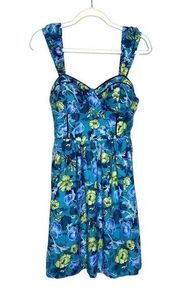 BOG Collective  Smocked Mini Floral Dress Sweetheart Neck Blue