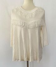 Kate Spade Womens Fringe Pullover Sweater Wool Blend White L Large