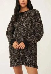 Free People Early Night Long Sleeve Henley Waffle Knit Sleep Shirt Dress Black S