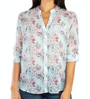 NEW NWT KUT FROM THE KLOTH Jasmine Top Aqua Blue Foral Roll Tab Button Down XS