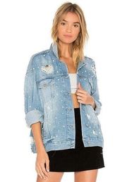 Free People Sunday Funday Pearl Embroidered Denim Trucker Jean Jacket M