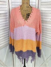 Wishlist Distressed Color Block Pullover Sweater Medium Large Purple Multi