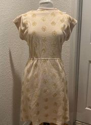 R & K Originals Vintage Short Cap Sleeve Midi Dress Tan & Gold Threaded Sz Small