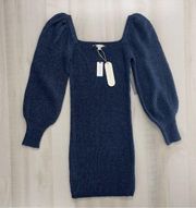 NWT FLAT WHITE x Anthropologie Knit ribbed blue puff sleeve navy mini dress XS